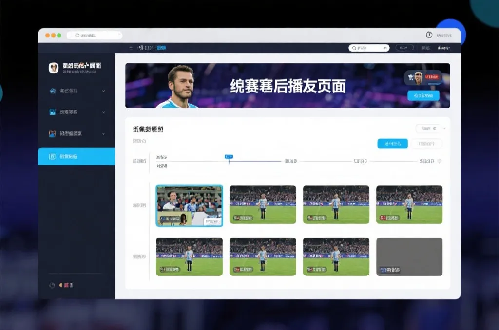 比赛结束后，电视屏幕展示集锦回放页面，旁边有时间轴和多角度切换提示